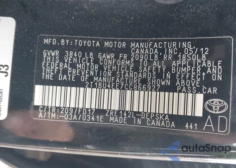2012 Toyota Corolla S from USA, damaged, VIN 2T1BU4EE7CC866927